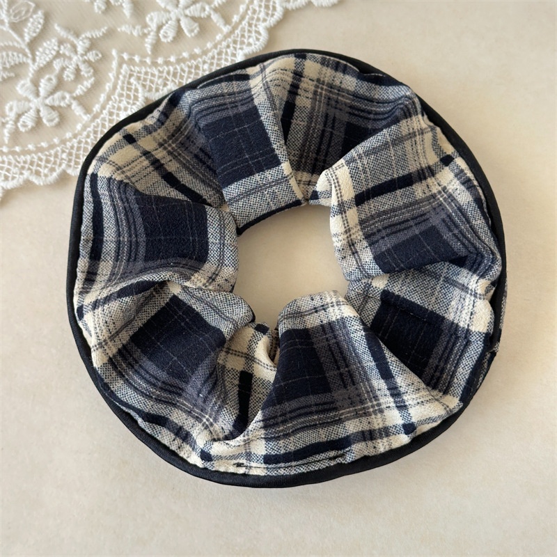 Women's Coffee Plaid & Blue Polka Dot Fabric Bun Headband Hair Tie