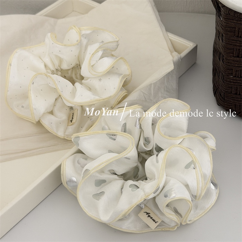 Women's Daily Soft Cloth Hair Tie Scrunchie Silver Heart Polka Dots