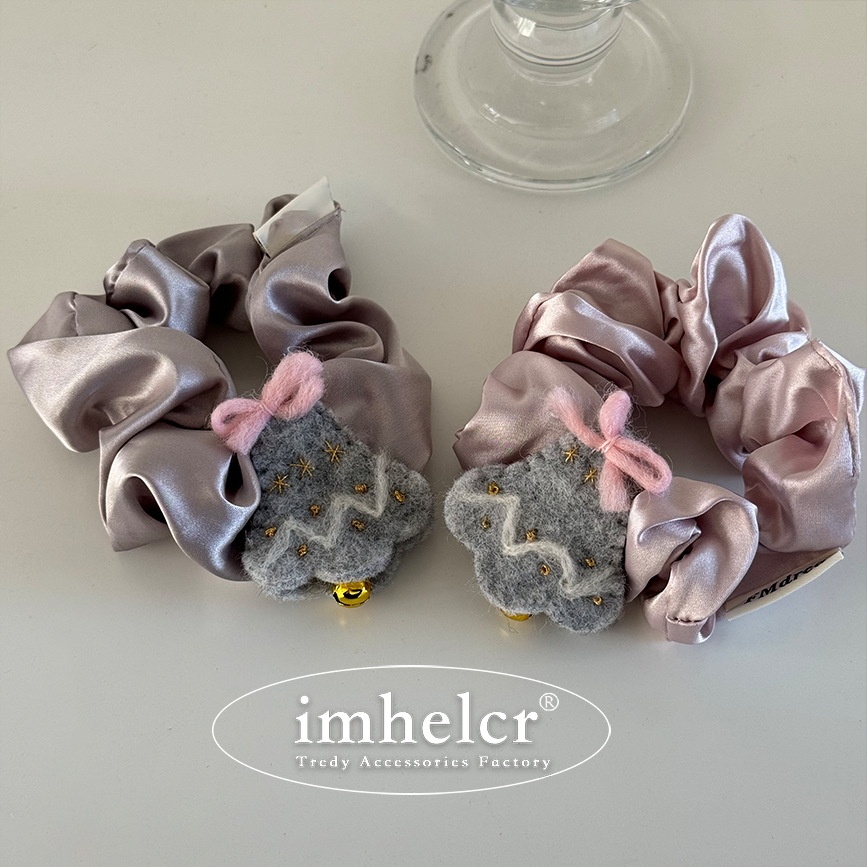 Women Christmas Satin Bow Headband Tree Bell Ponytail Pink Lavender