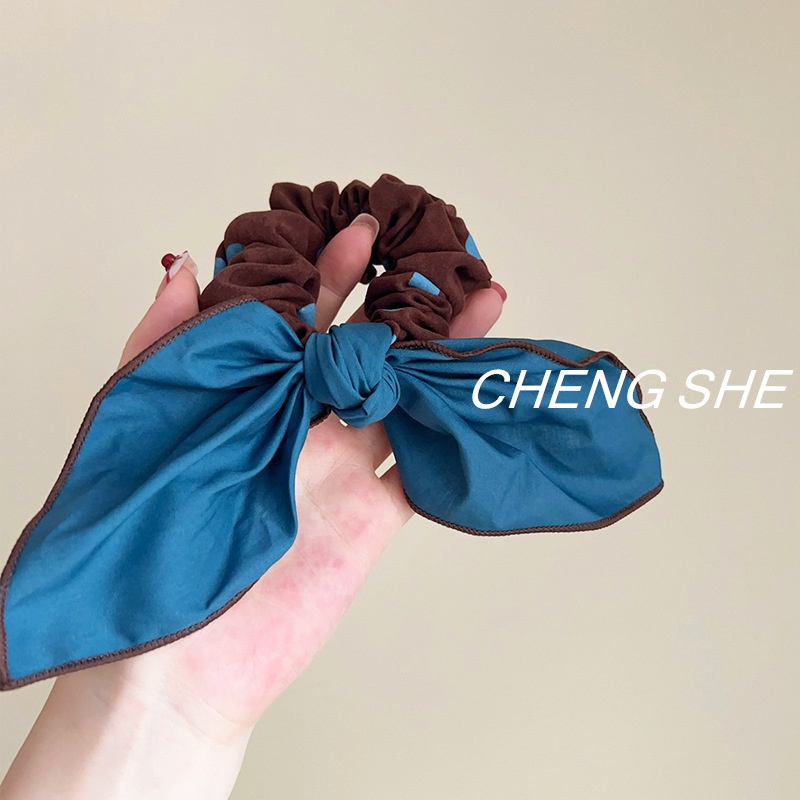 Women's Sweet Fabric Sponge Butterfly Bow Hair Tie Blue Polka Dot