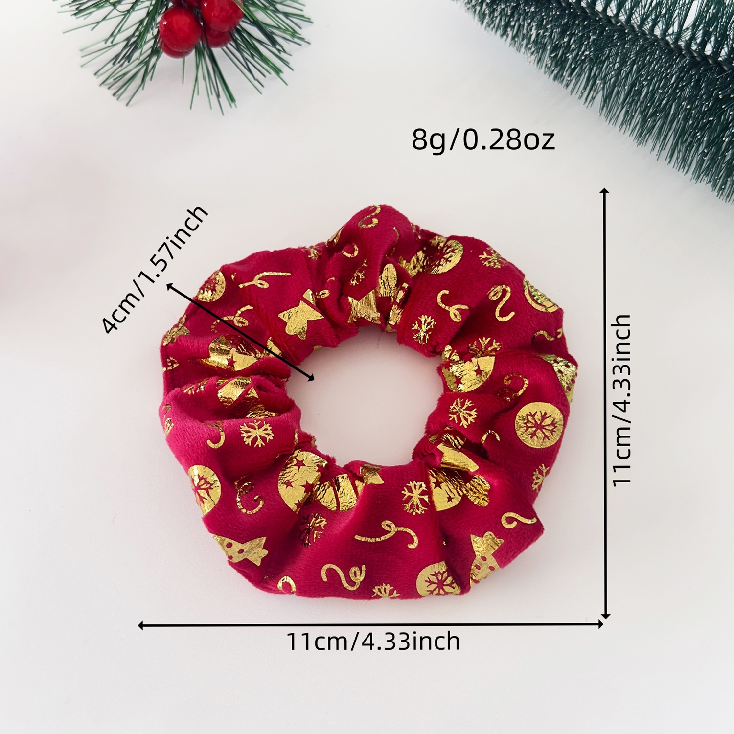 Women's Festive Velvet Hair Scrunchies Gold Embossed Christmas Tree