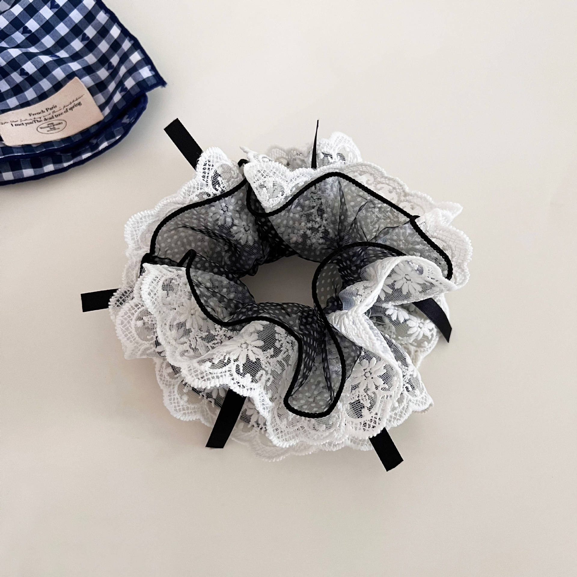 Women's French Lace Bow Elastic Hair Tie For Buns Black White Polka Dot