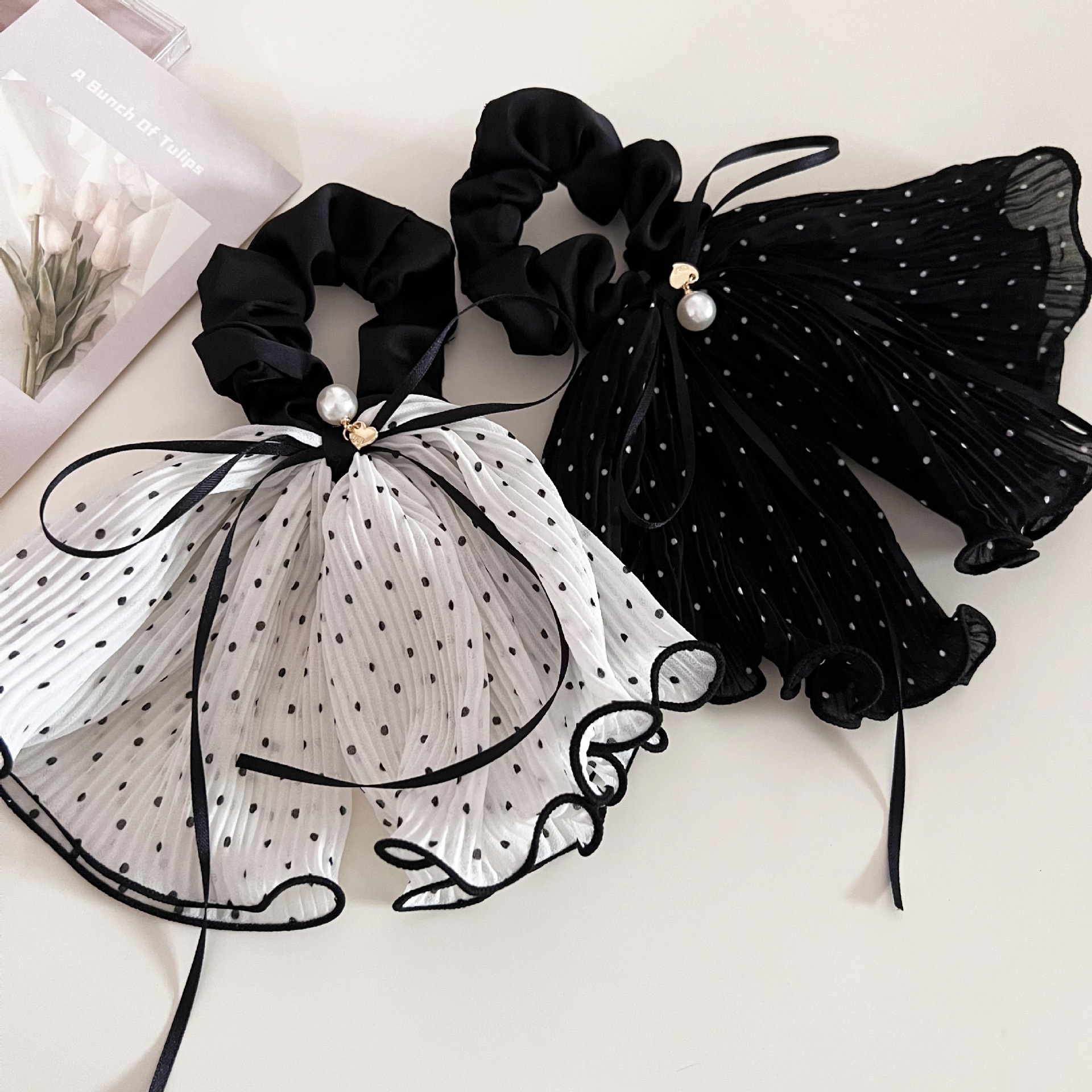 Women's Elegant French Gauze Bowknot Hair Tie Black White Polka Dot