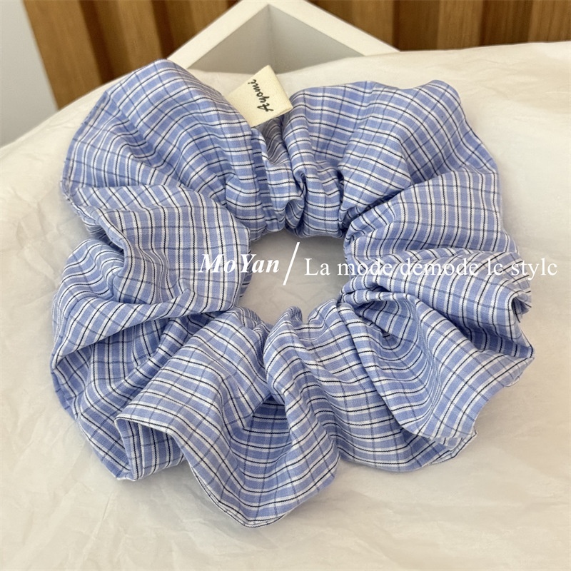 Women's Everyday Cloth Scrunchie Hair Tie Navy Blue Plaid Checkered