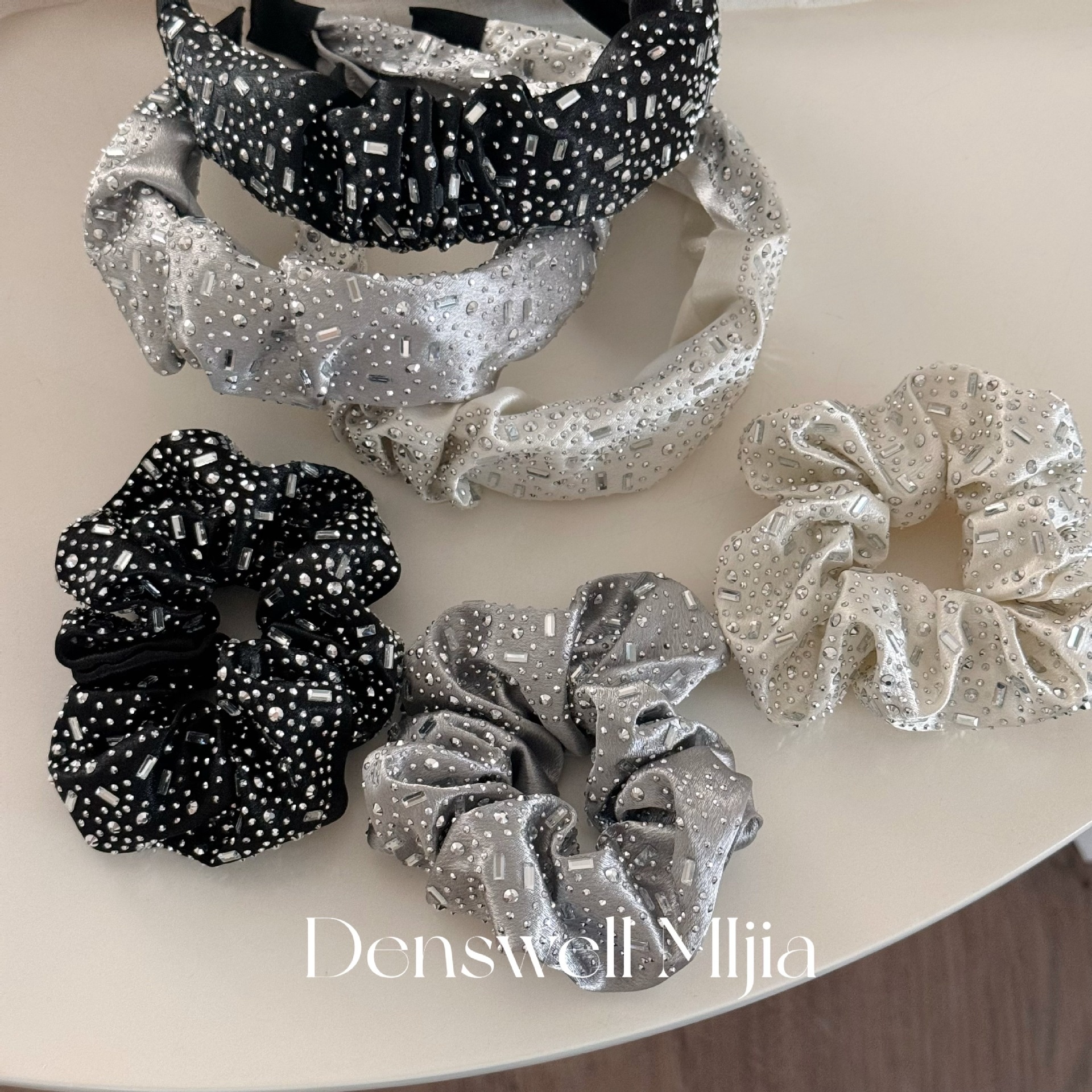 Women's Sweet Rhinestone Satin Summer Hair Tie Irregular Black