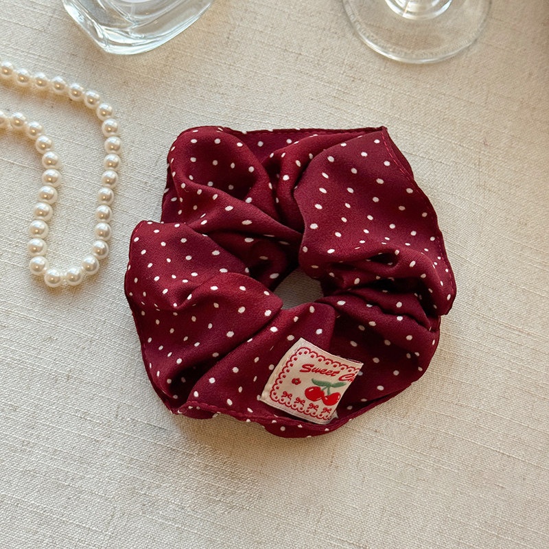Women's High Elastic Cloth Bun Hair Scrunchie Red Plaid Polka Dot