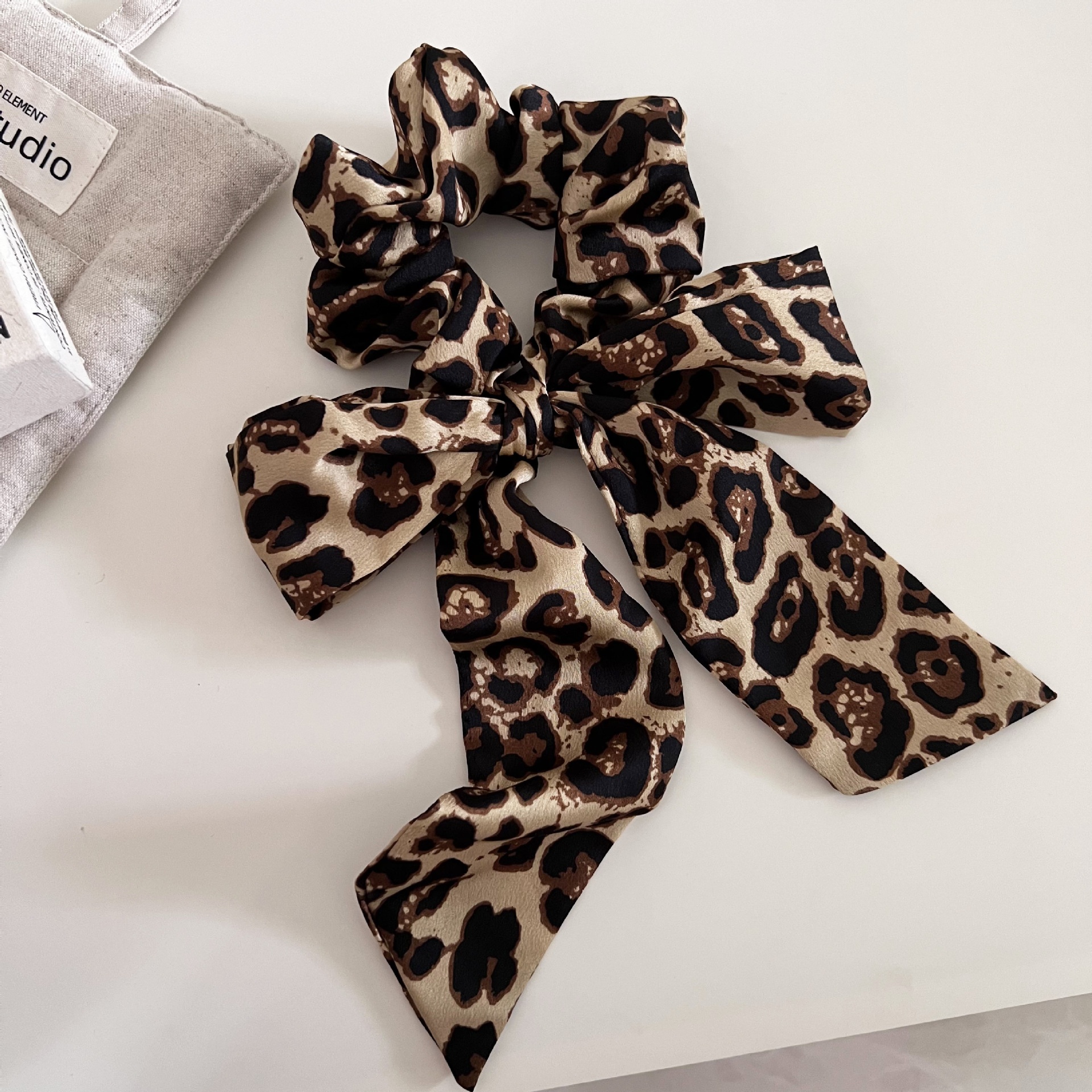 Women's Retro Leopard Print Cloth Sash Hair Tie Elegant Butterfly Knot Scrunchie