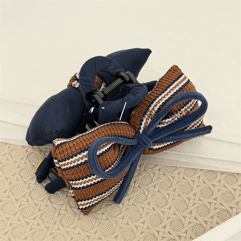 Women's Fall Winter Double Sided Knit Bun Hair Tie Striped Bow Knot