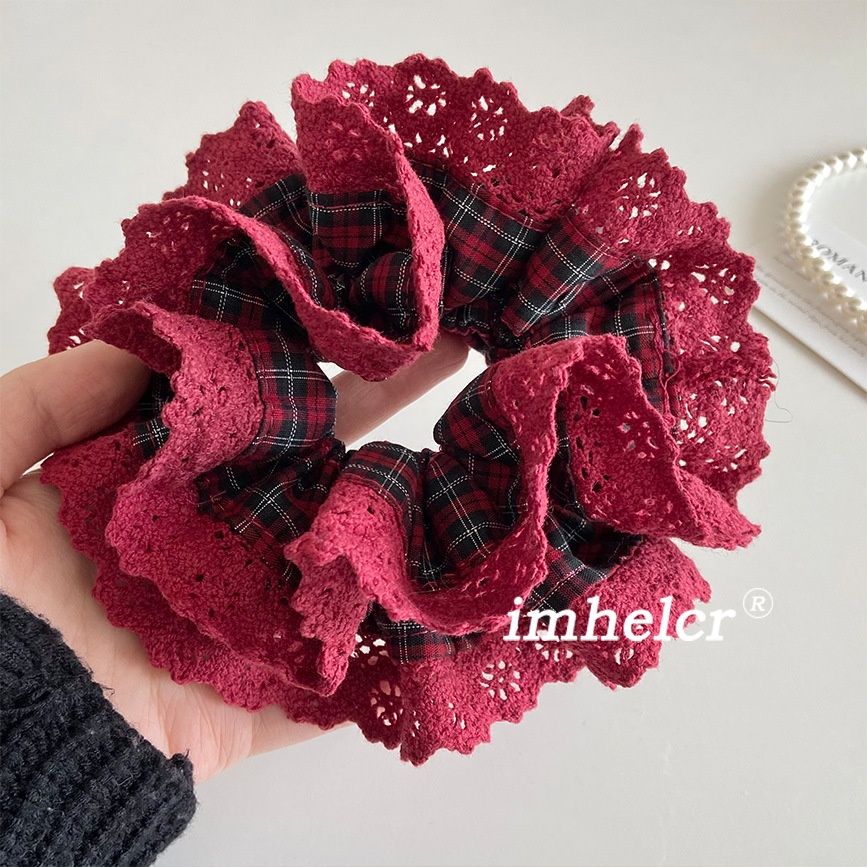 Women's New Year Festive Cloth Hair Bun Scrunchie Red Lace Plaid