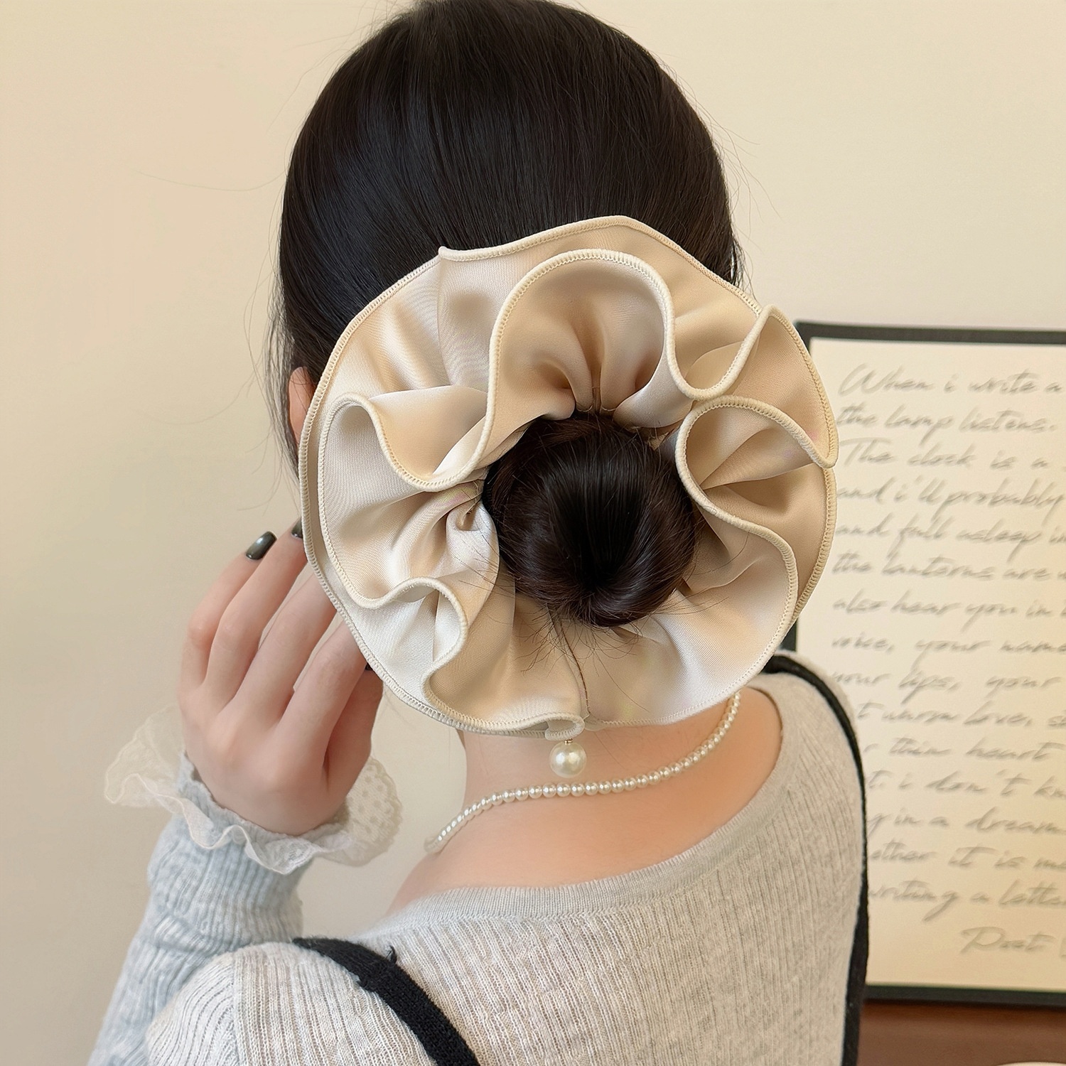 Women's Satin Pearl Double Layer Bun Hair Tie Solid Color