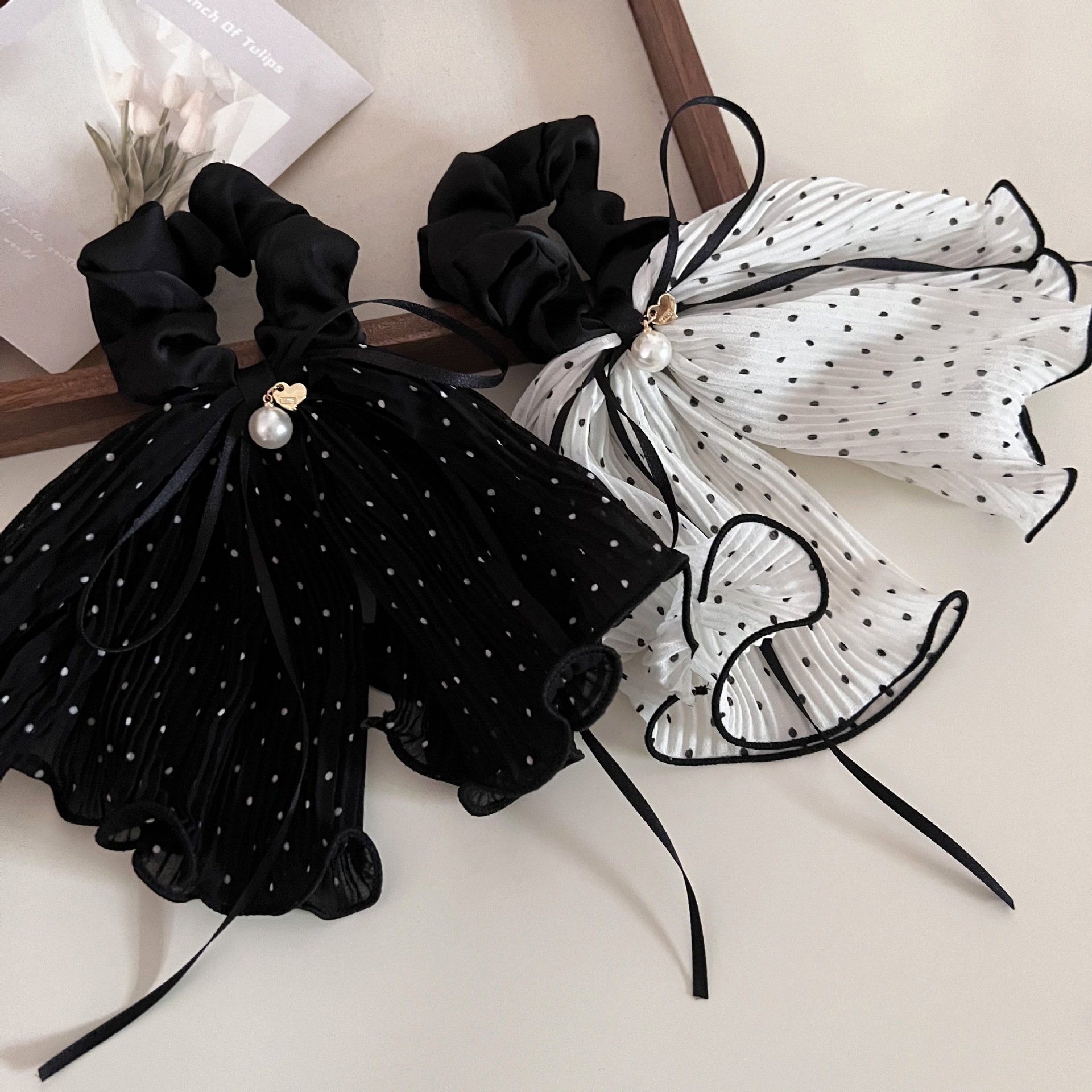 Women's Elegant French Gauze Bowknot Hair Tie Black White Polka Dot