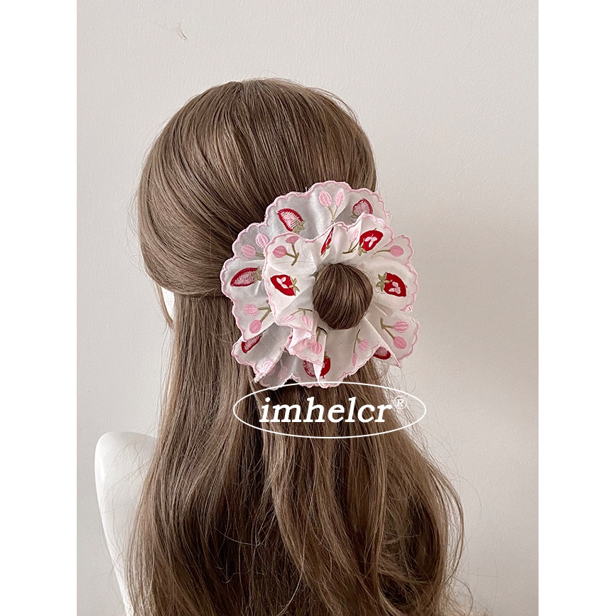 Women's Spring Cloth Telephone Cord Hair Tie Pink Embroidered Strawberry