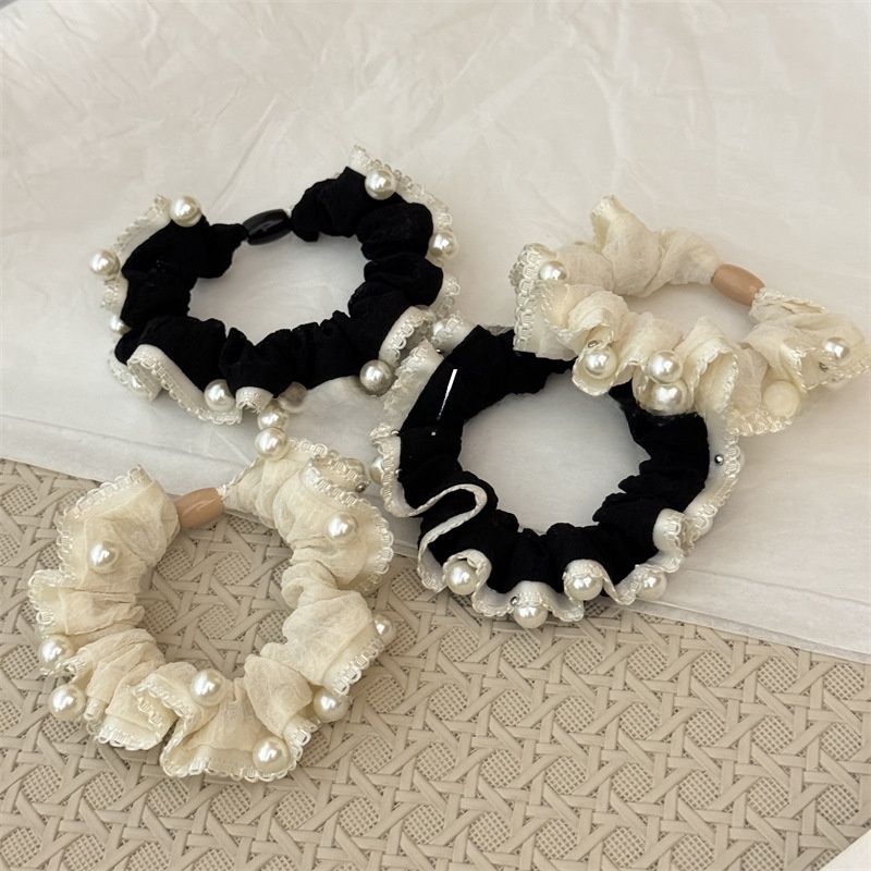 Women's Pearl Bubble Braid Cloth Hair Tie Summer Accessory Beige Black