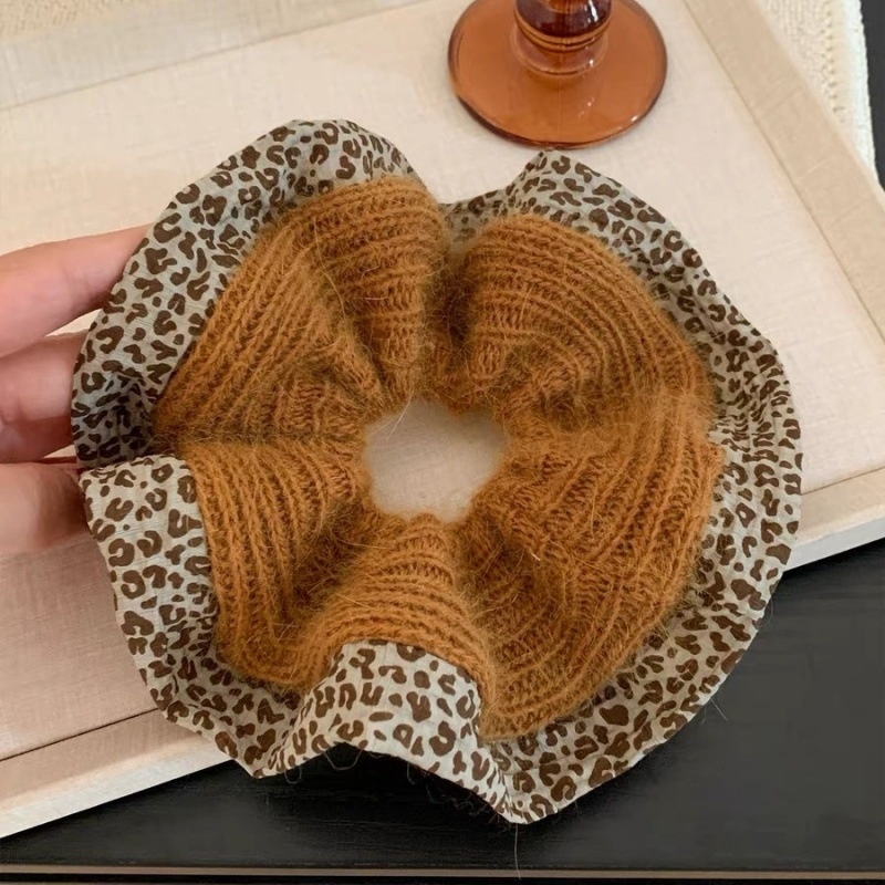 Women's Winter Knitted Woolen Hair Ties Double Layer Green Color Block