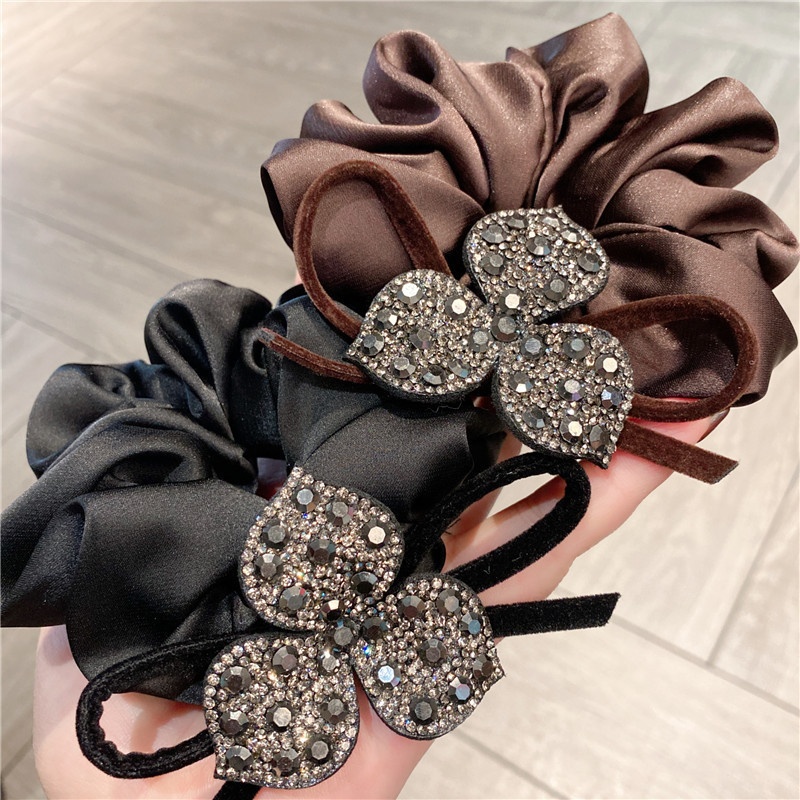 Women's French Retro Bowknot Rhinestone Flower Hair Tie Coffee Black