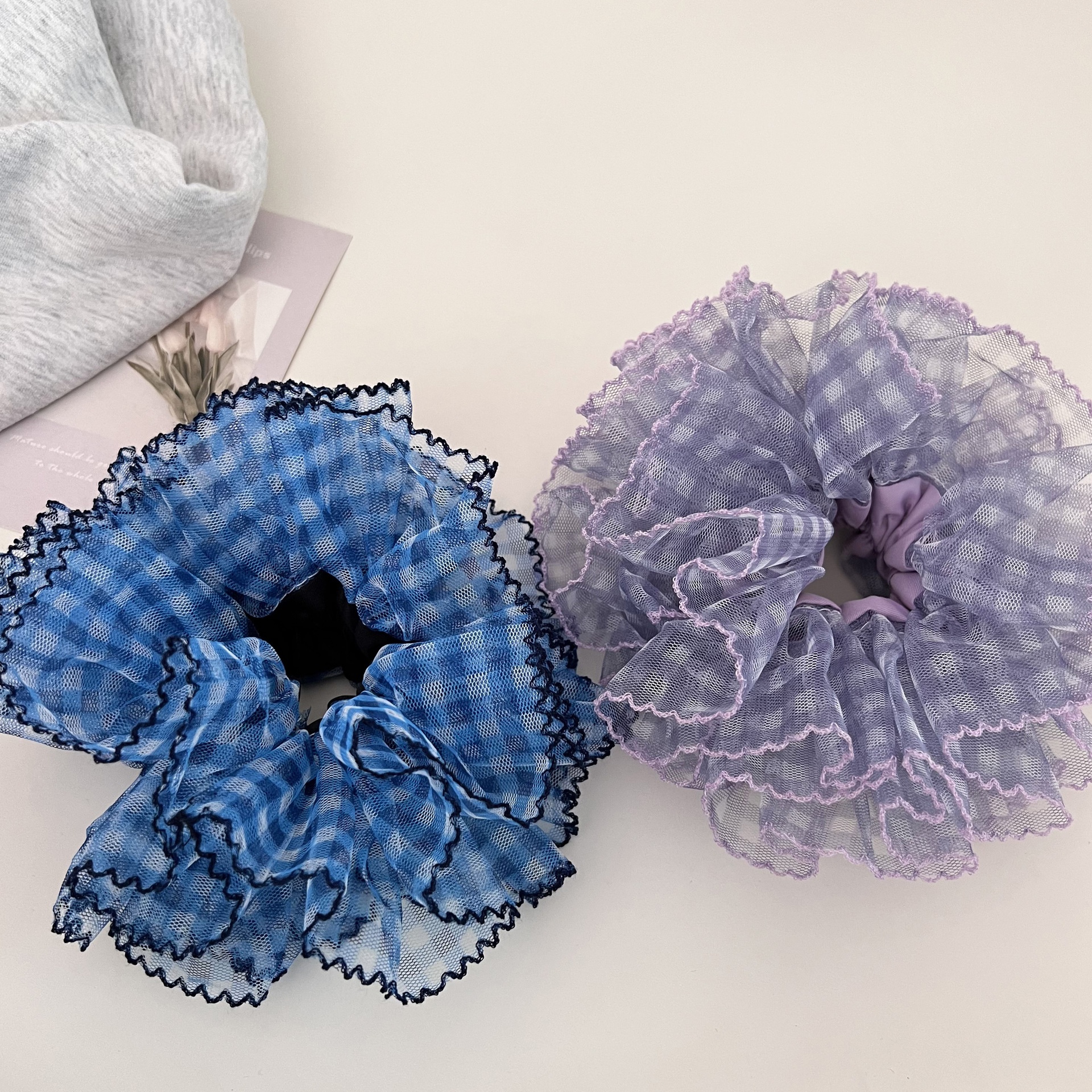 Women's Stylish Gauze Hair Accessories Scrunchies Blue Checkered Plaid