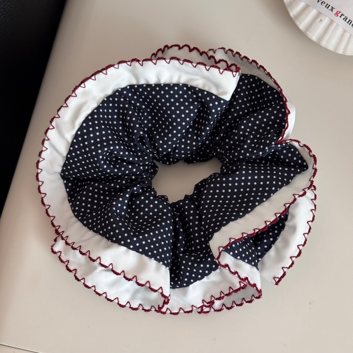 Women's Daily French Style Soft Cloth Hair Tie Navy Blue Polka Dots