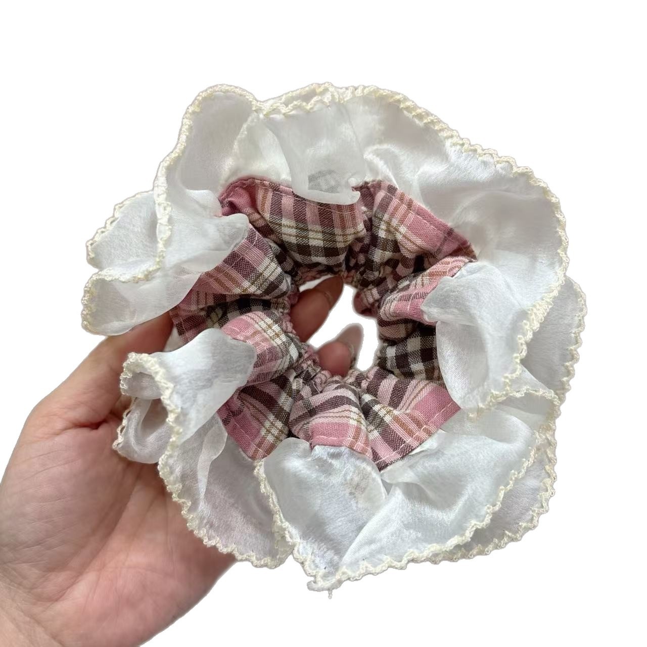 Women's Comfortable Cloth Hair Tie For Daily Wear Pink Plaid Lace