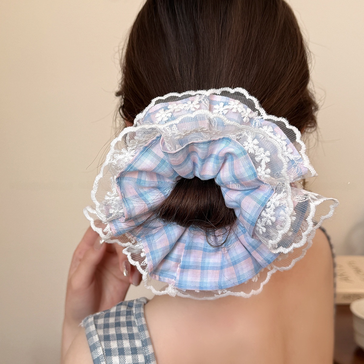 Women's Daily Cloth Hair Scrunchies Pink Blue Checkered Plaid Lace