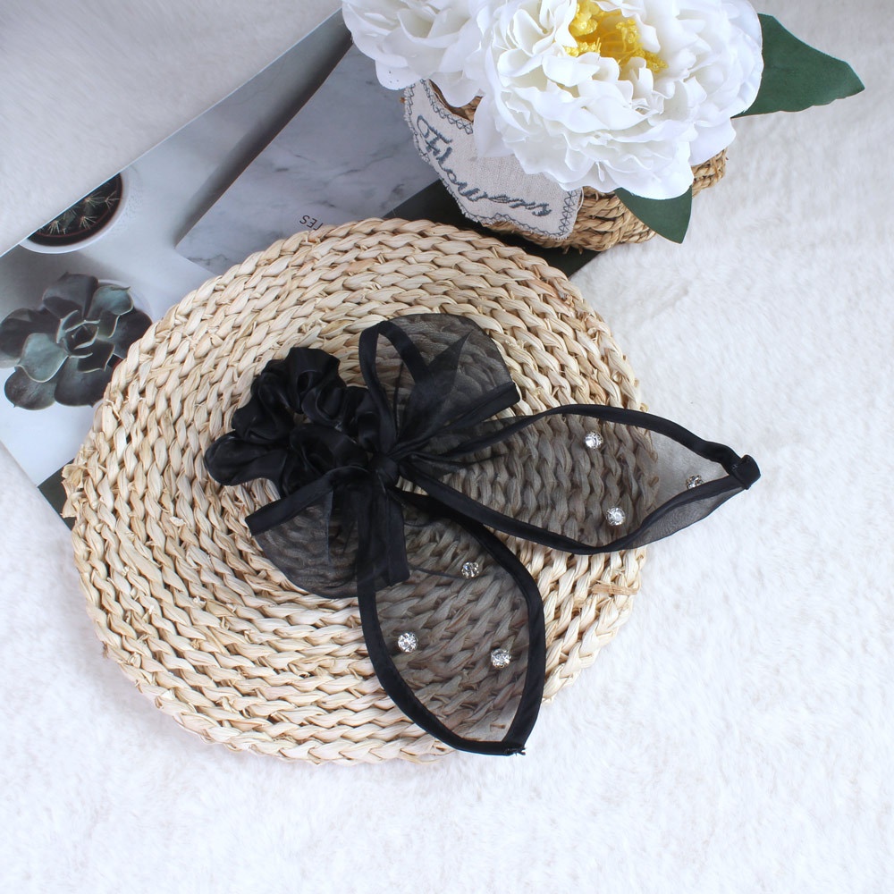 Women's Summer Fairy Gauze Rhinestone Ponytail Hair Tie Wine Red Bowknot