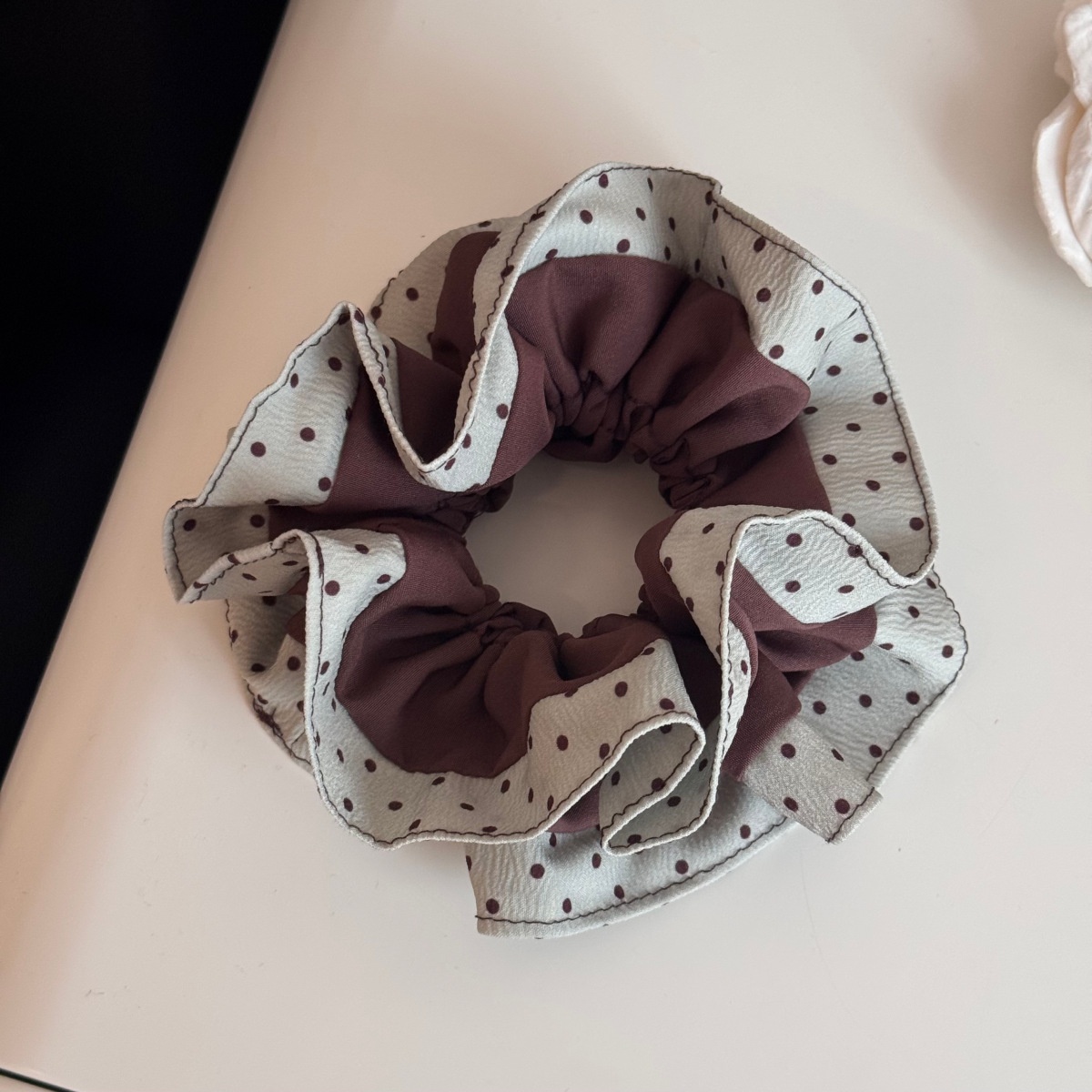 Women's Winter Cloth Scrunchie Hair Tie Beige Coffee Spliced Polka Dots