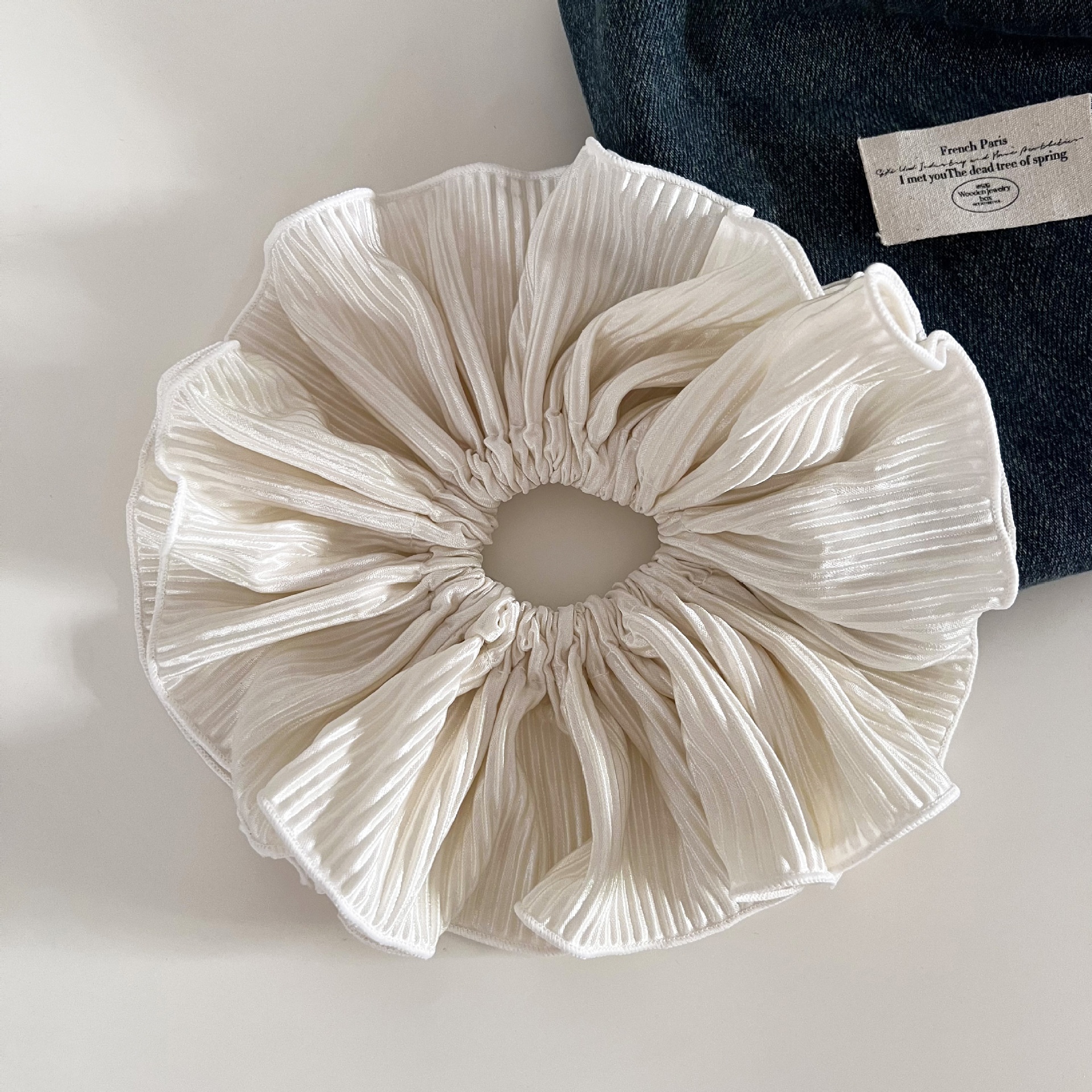 Women's French Shiny Pleated Cloth Ponytail Hair Tie Solid White Black