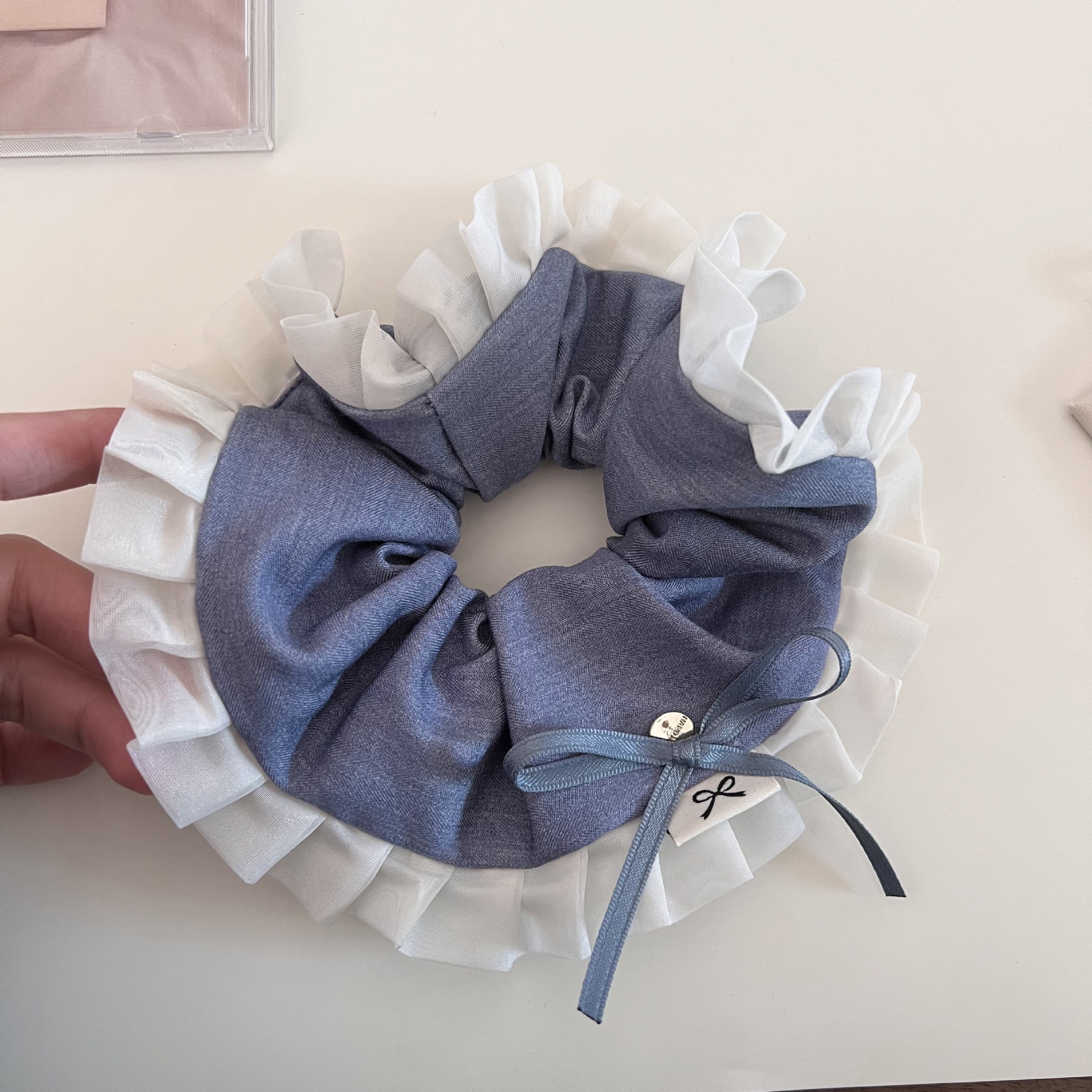 Women's Spring Sweet Cloth Ruffle Bowknot Scrunchie Hair Tie Dark Grey