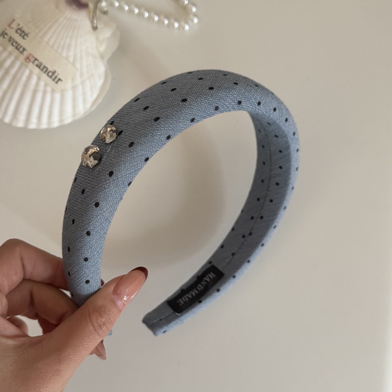 Women's French Style Spring Pearl Cloth Hair Band Blue Polka Dots