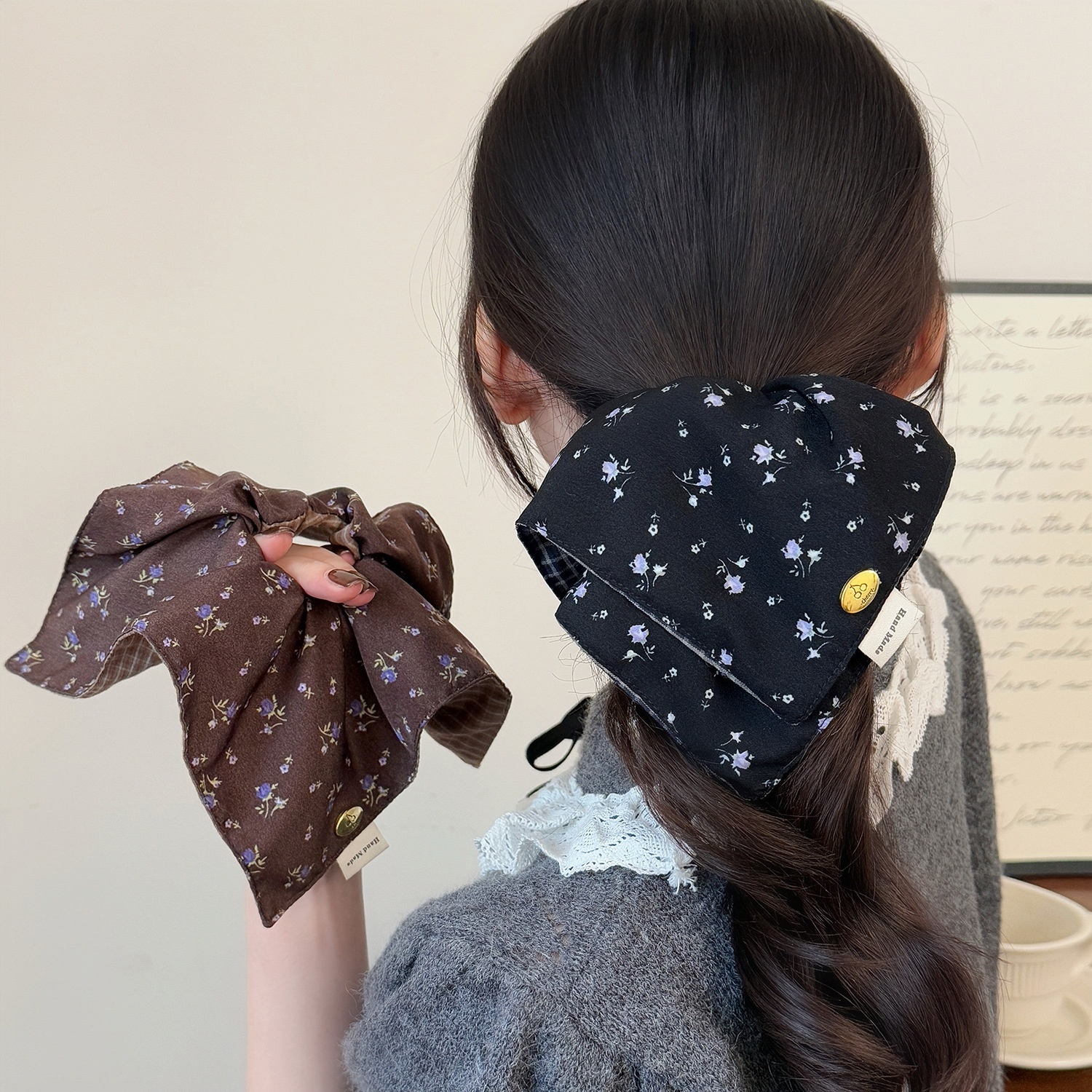 Women's Vintage Autumn Winter Cloth Hair Tie Coffee Ditsy Floral