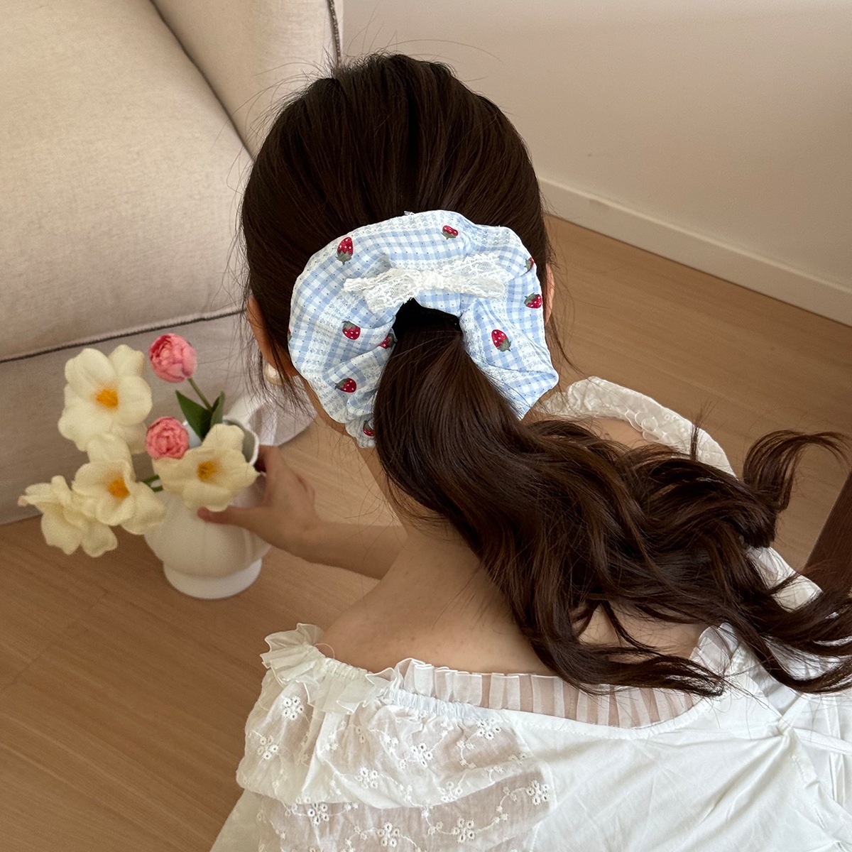 Women's Sweet Strawberry Plaid Lace Bow Scarf Hair Tie Cloth Ponytail Band