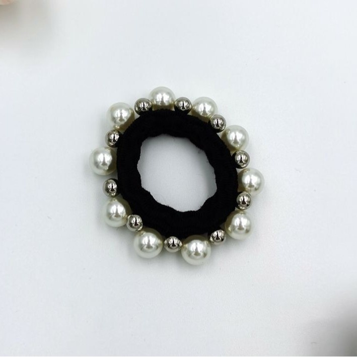 Women's Elegant Pearl Seamless Towel Hair Tie Solid Black Elastic Hair Band