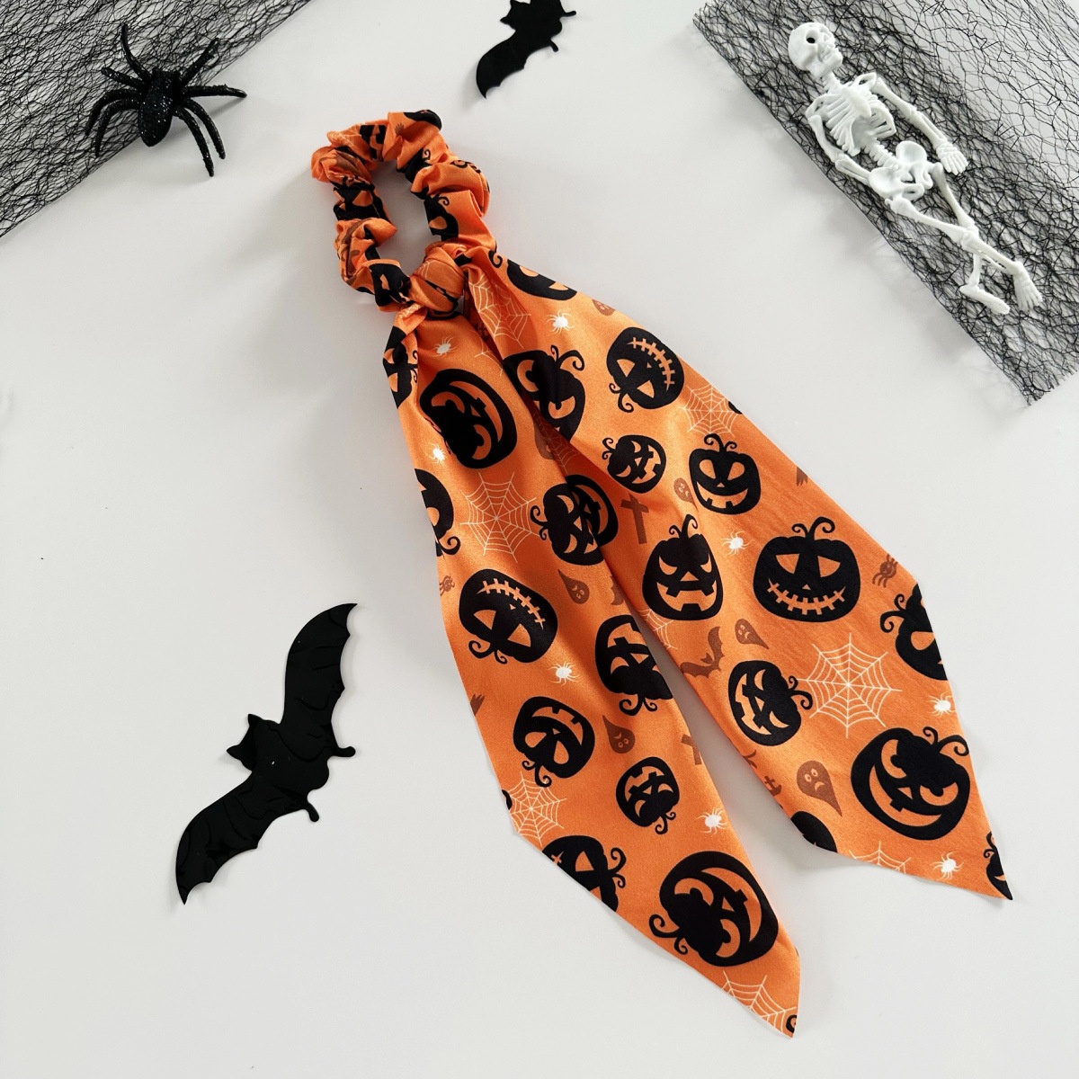 Women's Satin Ponytail Ribbon Hair Tie Dark Halloween Pumpkin Print