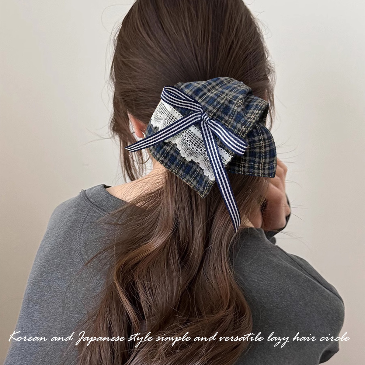 Women's Winter Lazy Style Large Fabric Bow Hairband Blue Plaid