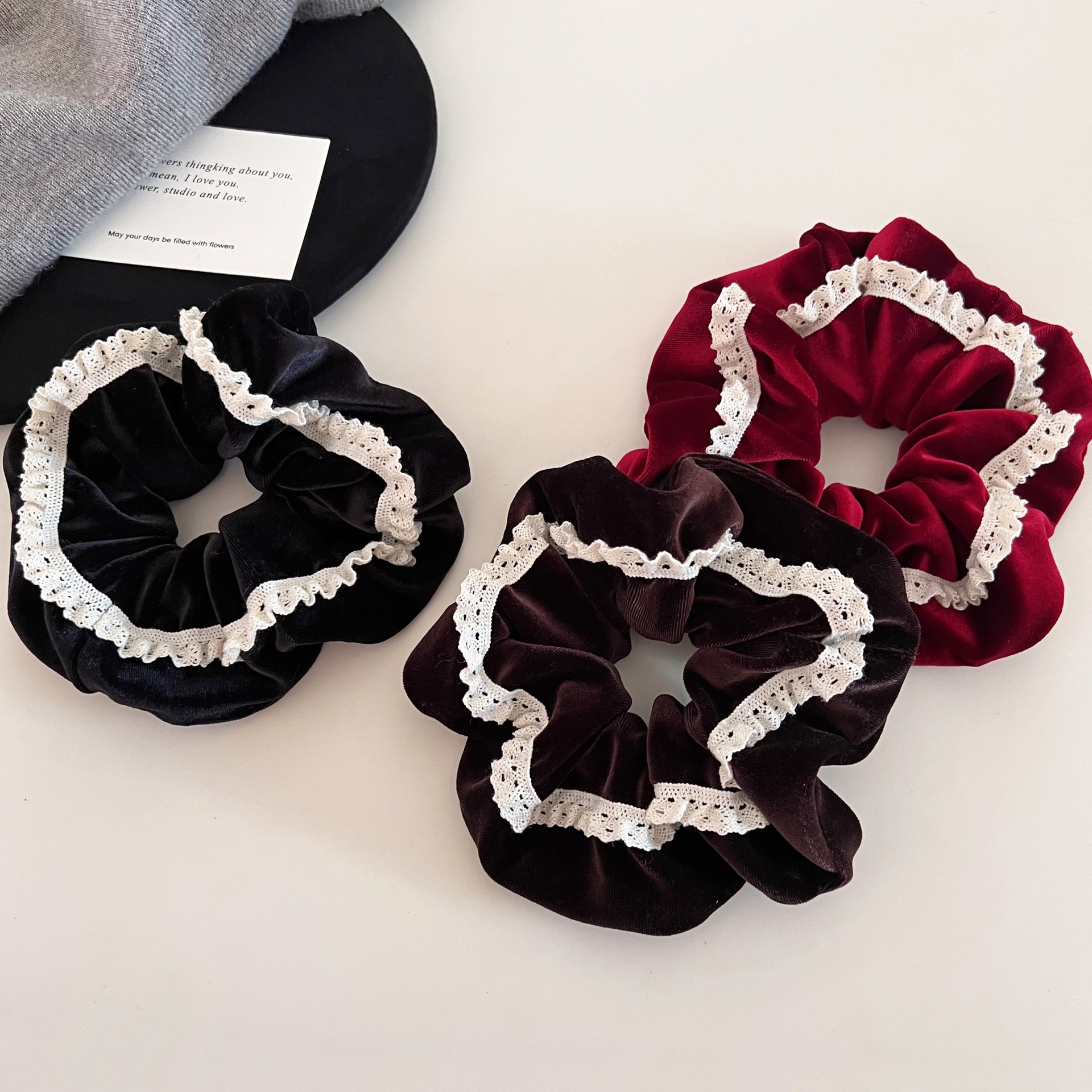 Women's French Lace Edge Velvet Hair Tie for Buns in Elegant Solid Colors