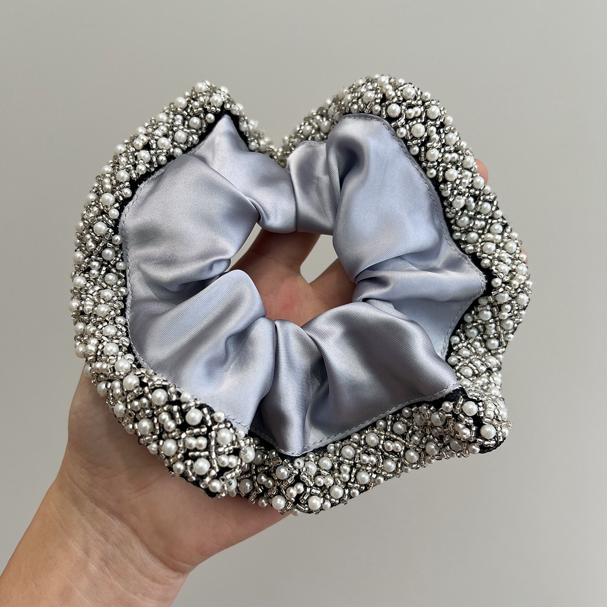 Women's Elegant Pearl Crystal Satin Hair Ties French Vintage Black Brown Scrunchie