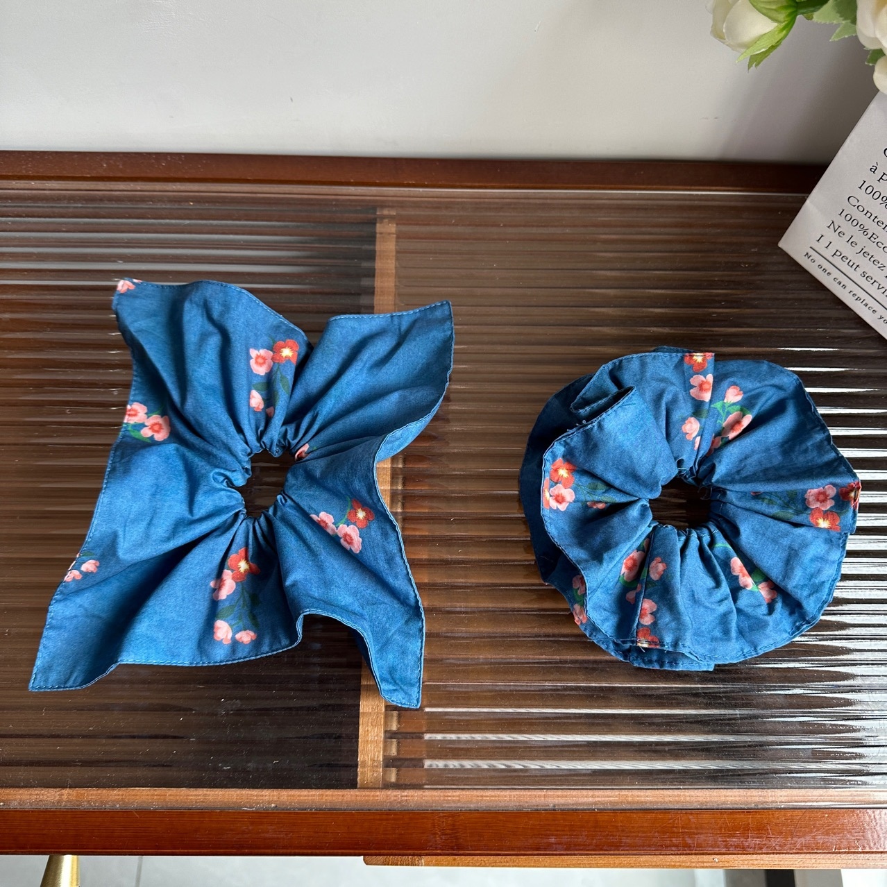 Women's Spring French Cloth Hair Tie Peacock Blue Ditsy Floral