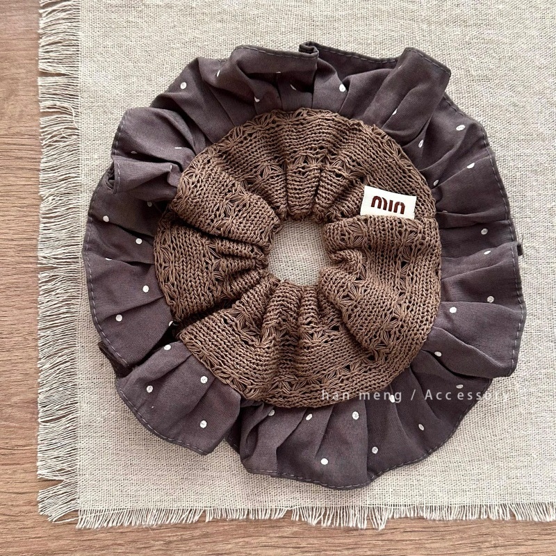 Women's Winter Knitted Woolen Hair Ties Double Layer Green Color Block