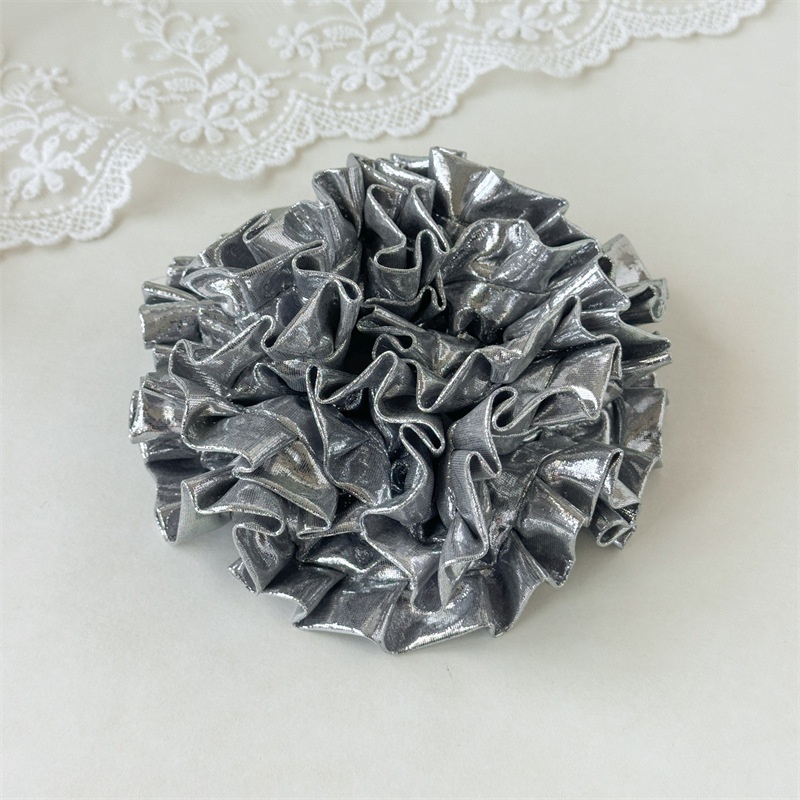 Women's Elegant Satin Pleated Hair Tie Silver Embroidered Flower