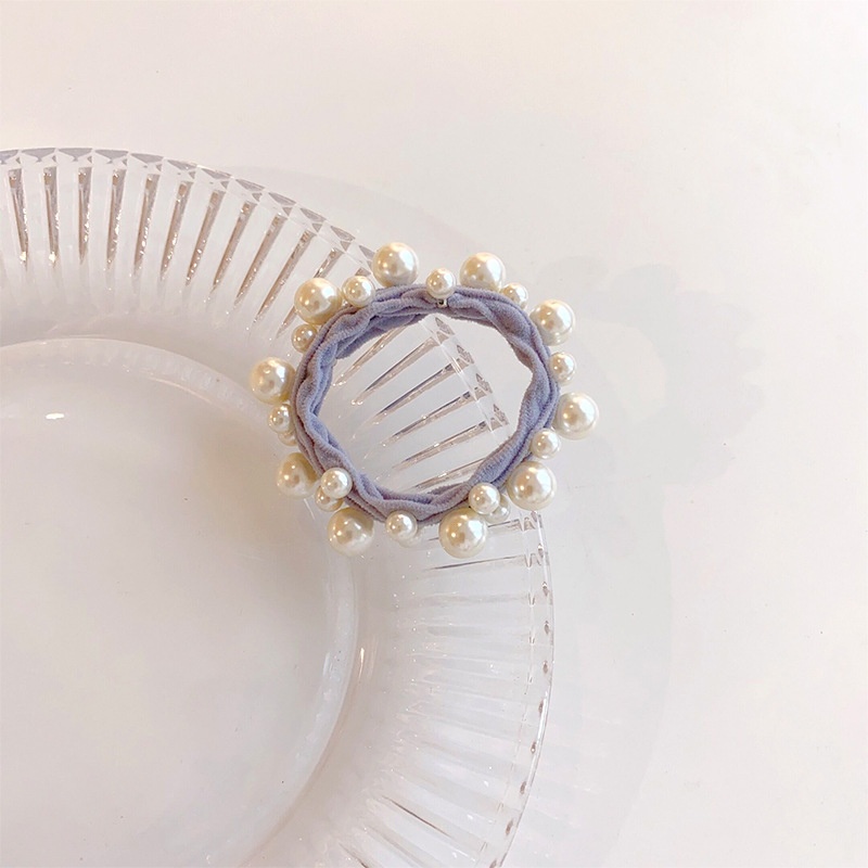 Women's Milk Tea Oval Pearl Hair Ties Seamless Elastic Handmade Towel Rings