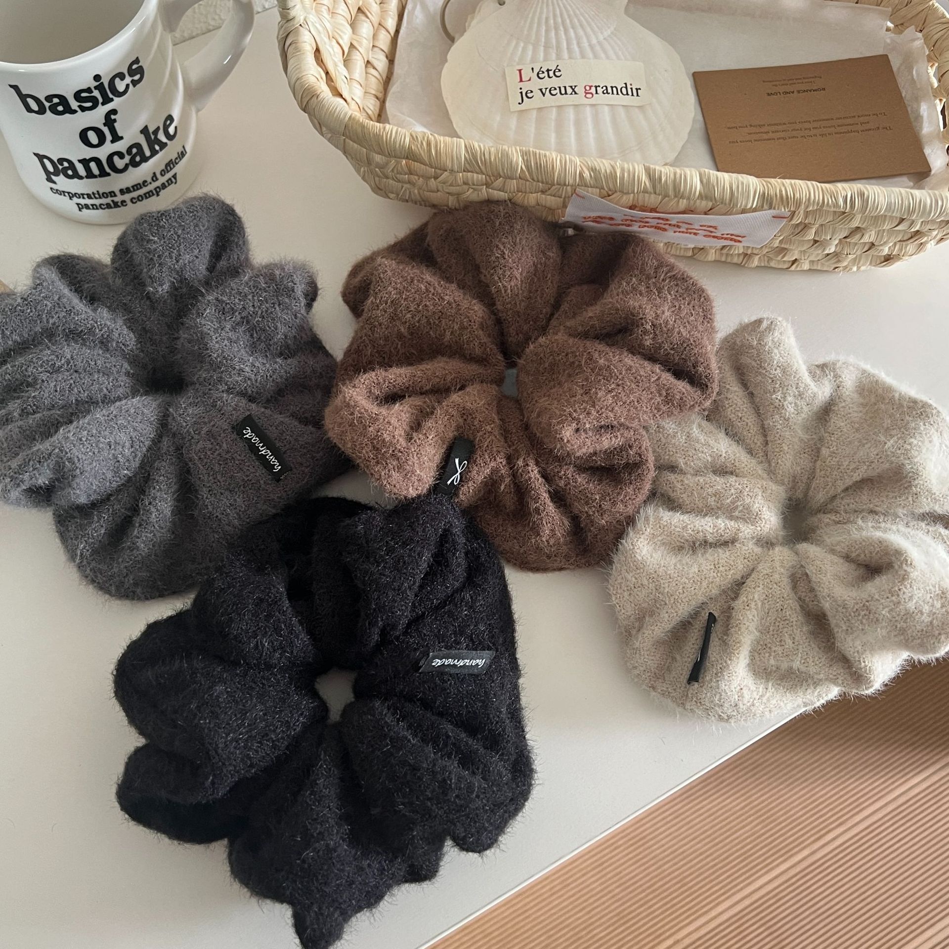 Women's Autumn Winter Plush Bowknot Hair Tie Scrunchie Brown Grey Black