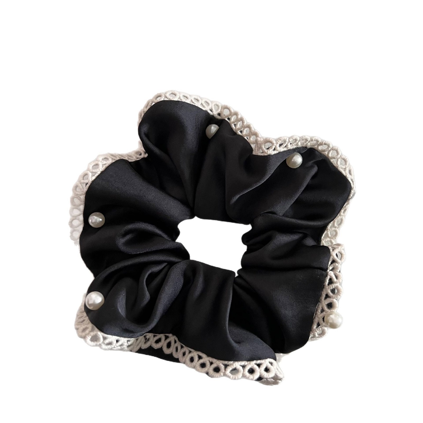 Women's Satin Pearl Lace Bow Elastic Hair Tie For Low Ponytail Solid Color
