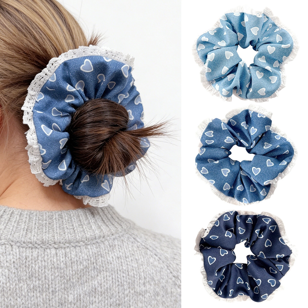Women Denim Hairband Large Lace Edge Heart Shape Blue Hair Accessories