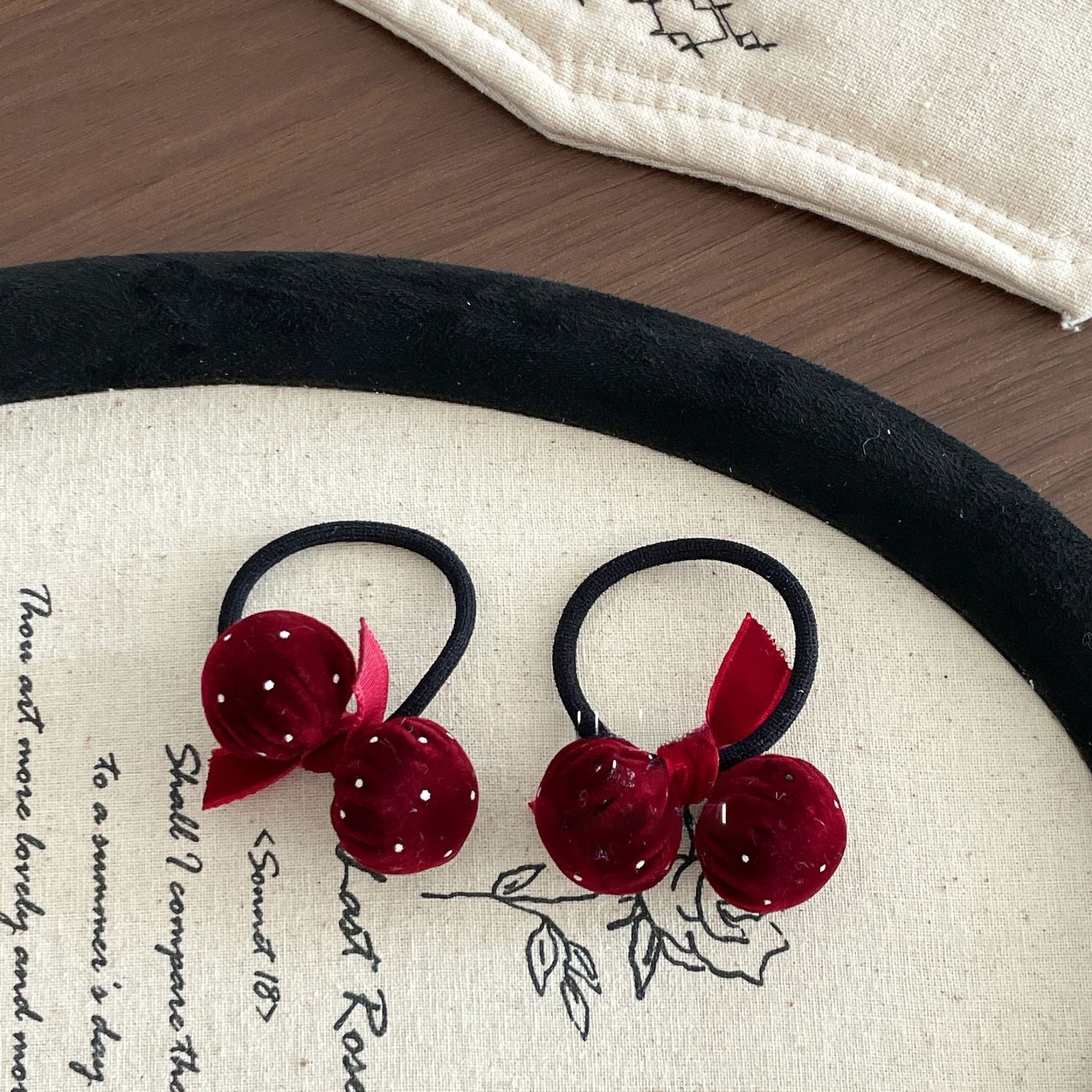 Girls New Year French Flocking Bow Hair Tie Wine Red Polka Dots