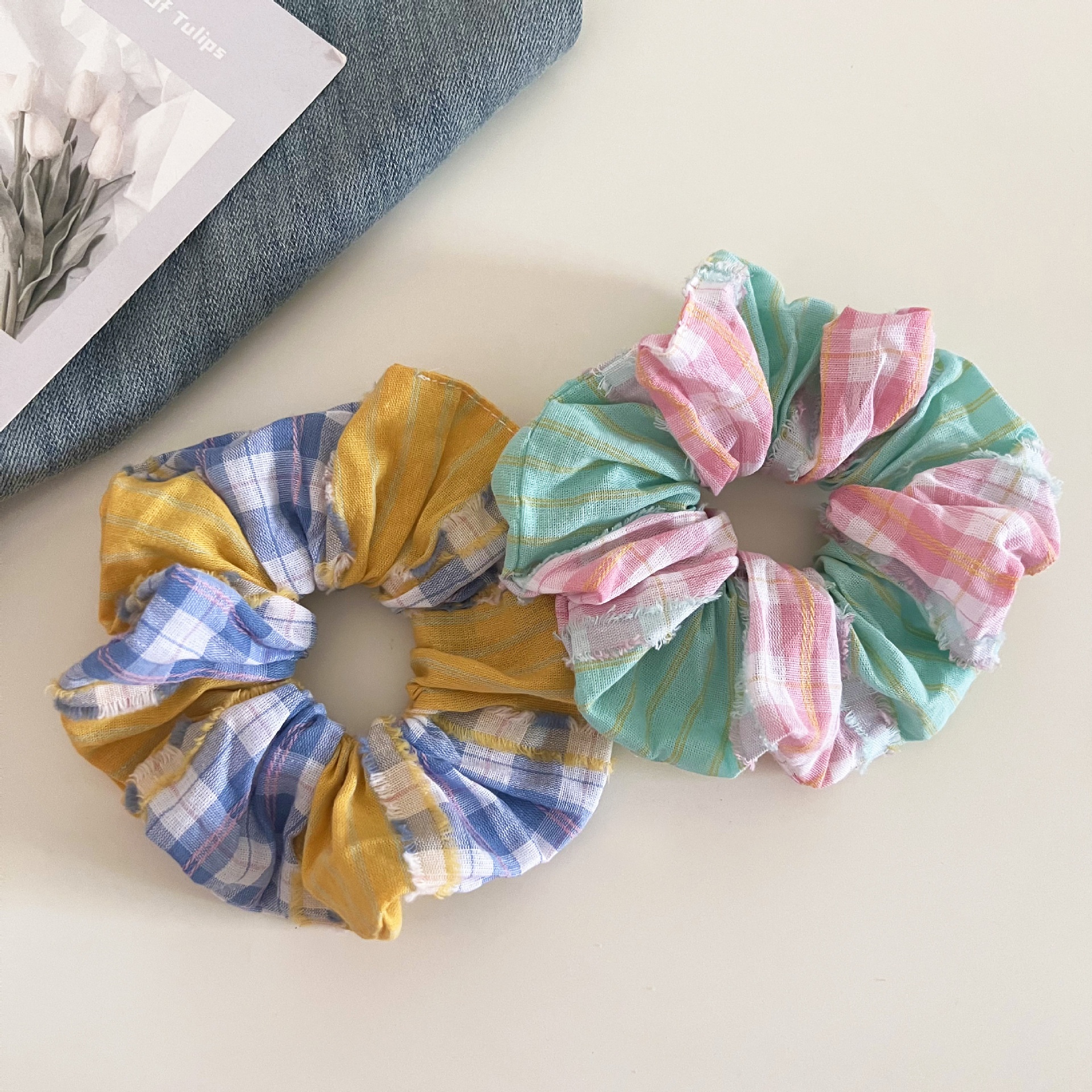 Women's Daily Stylish Cloth Hair Scrunchies Pink Plaid Checkered Pattern