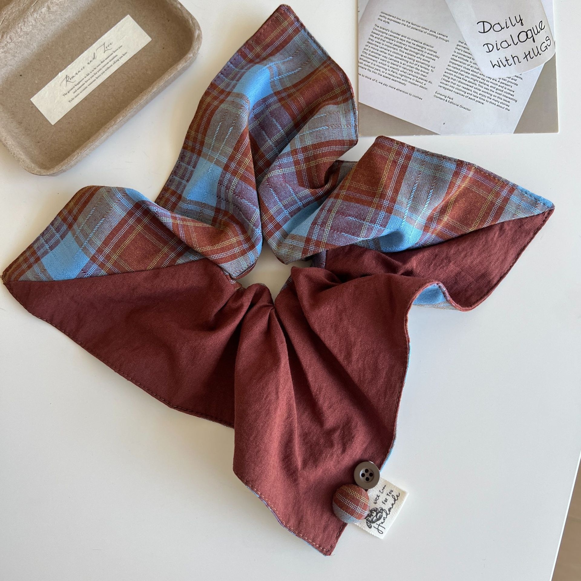 Women Girls Cloth Scarf Ponytail Hair Tie Blue Red Plaid Lattice