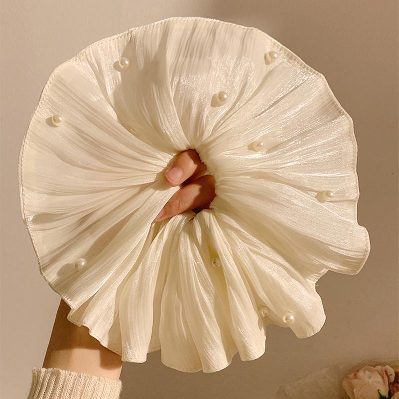 Women's Large Mori Style Scrunchie Beige Polka Dot Cloth Hair Tie