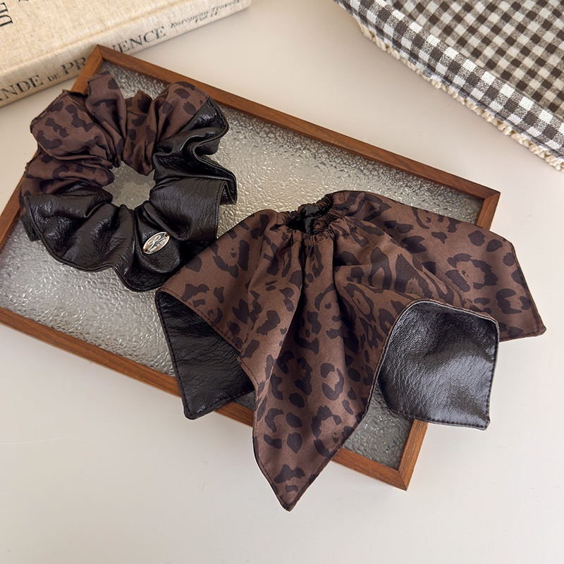Women's Winter PU Leather Low Ponytail Scrunchie Brown Leopard Print