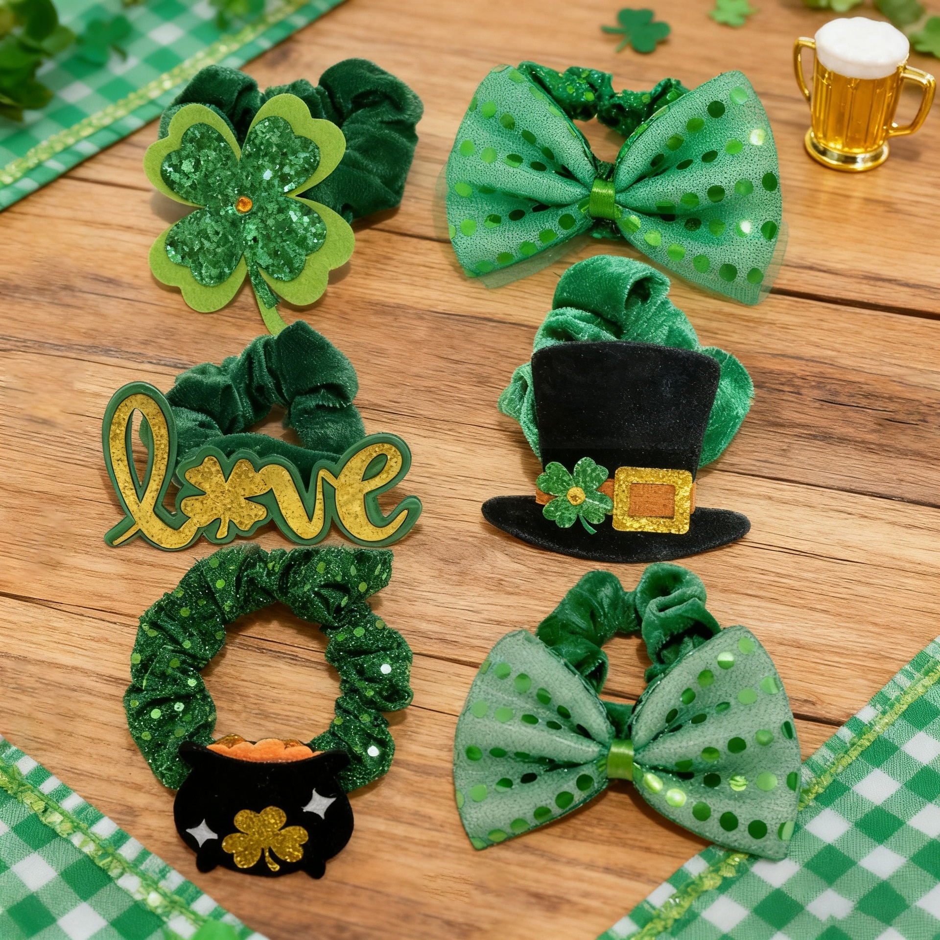 Women's St. Patrick's Day Velvet Hair Tie Green Clover Sequin Bow Knot