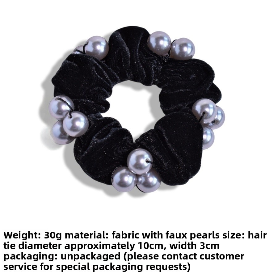 Women's Elegant Velvet Pearl Bow Hair Tie Dark Coffee Grey Black