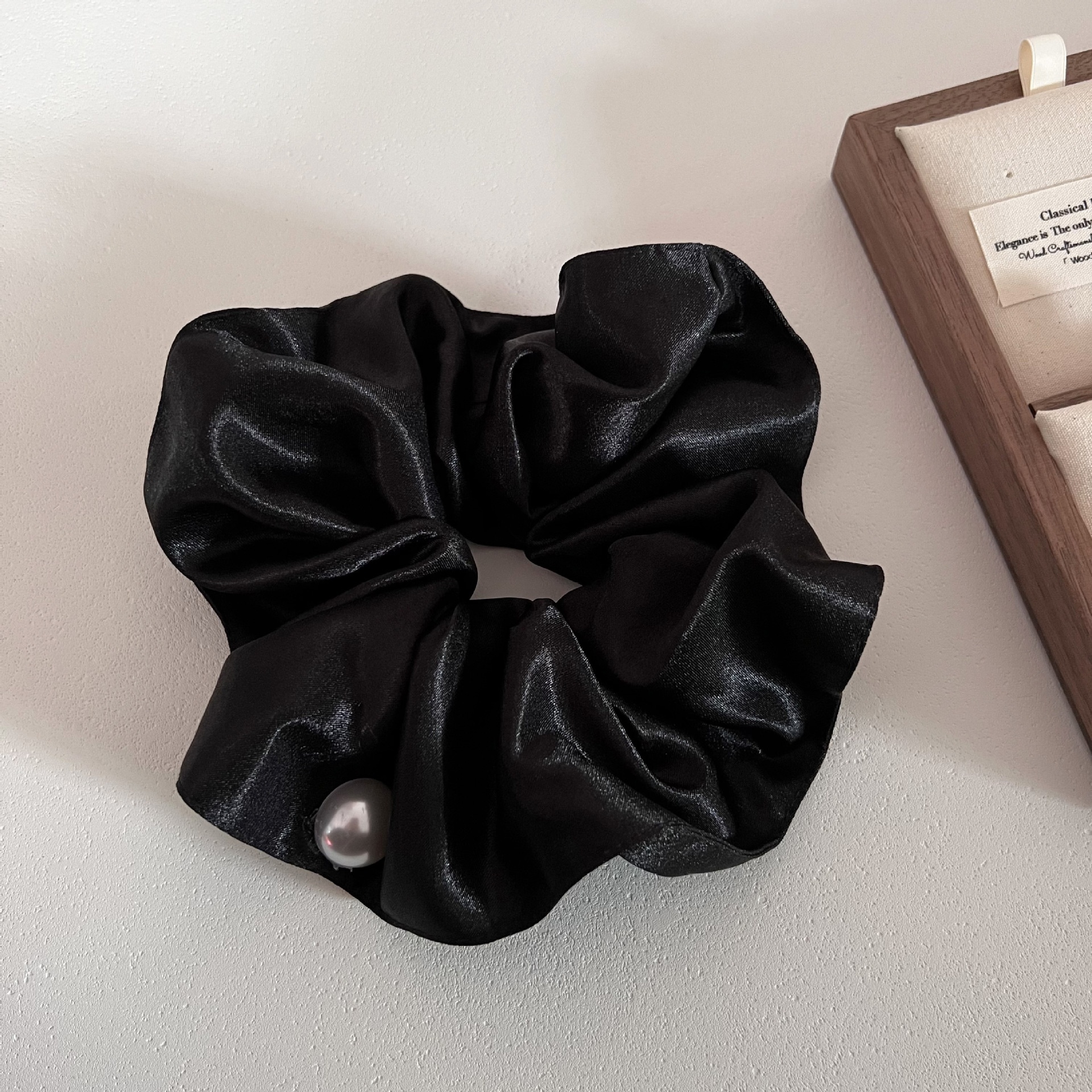 Women Elegant Satin Pearl Double Layer Hair Ties Scrunchies Solid Color